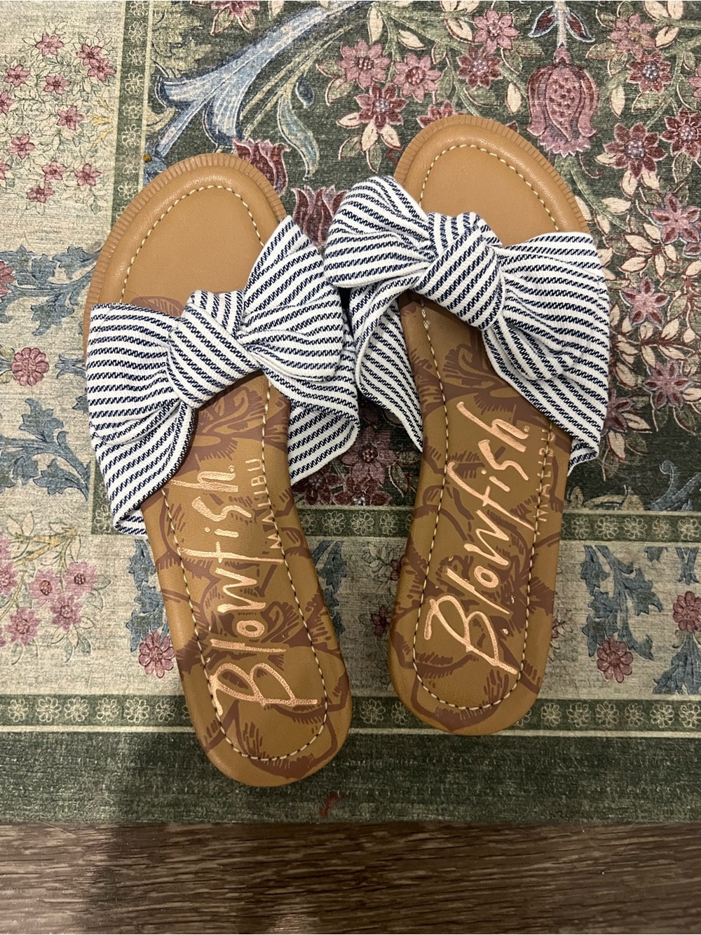 Blowfish Striped Bow Slip-On Sandals - Tan & Navy